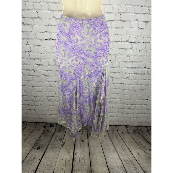 VTG I.C.E. Purple Green 100% Silk Chiffon Floral Beaded Flowy Maxi Long Skirt M - Picture 2 of 13